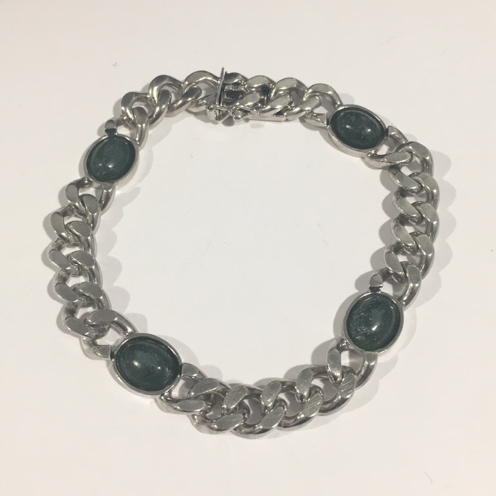Sterling Silver Cuban Bracelet With Green Stones